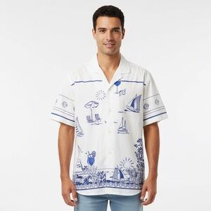 Mens Old Navy Short Sleeve Camp Shirt nautical beach blue white LARGE cotton